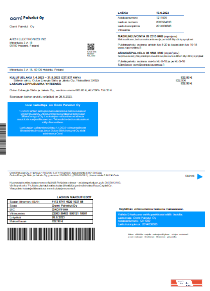 Oomi Palvelut Oy electricity utility business bill,  SCR PSD template
